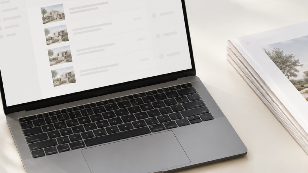 Arbeitsplatz einer Maklerin: ein Laptop zeigt die Objektliste der Maklersoftware, daneben liegt ein Stapel gedruckter Exposés.