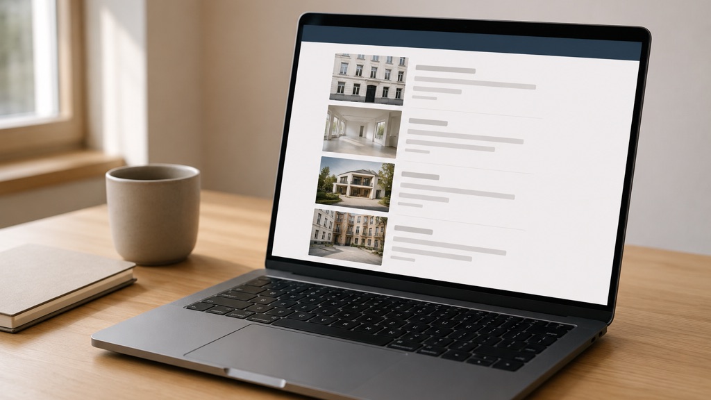 Laptop auf einem Schreibtisch, auf dem Bildschirm eine Website mit einer Liste von Immobilieninseraten