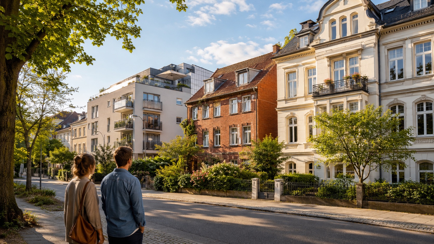 Paar auf Immobiliensuche in einer Wohnstraße mit Miet- und Kaufimmobilien