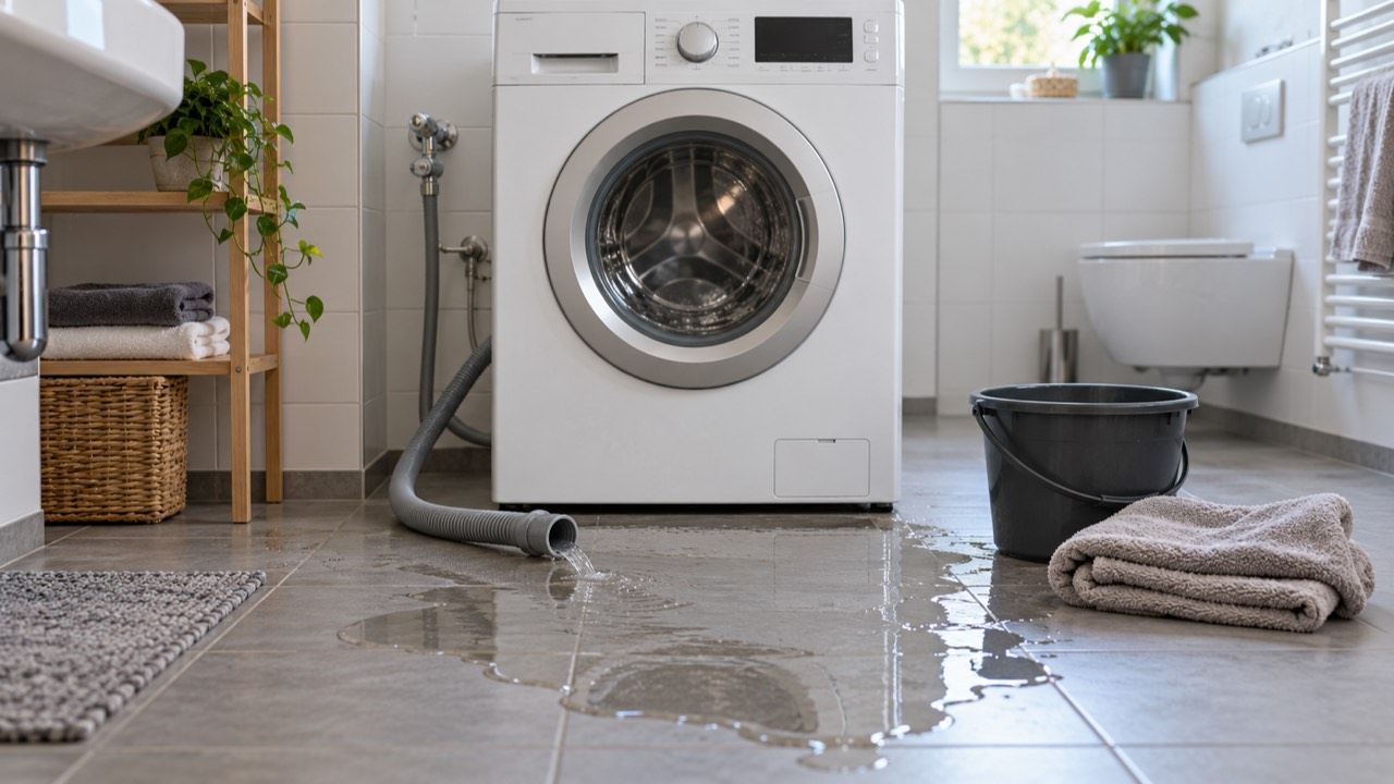 Wasserlache auf Fliesen vor einer Waschmaschine mit gelöstem Schlauch, daneben Eimer und Handtuch