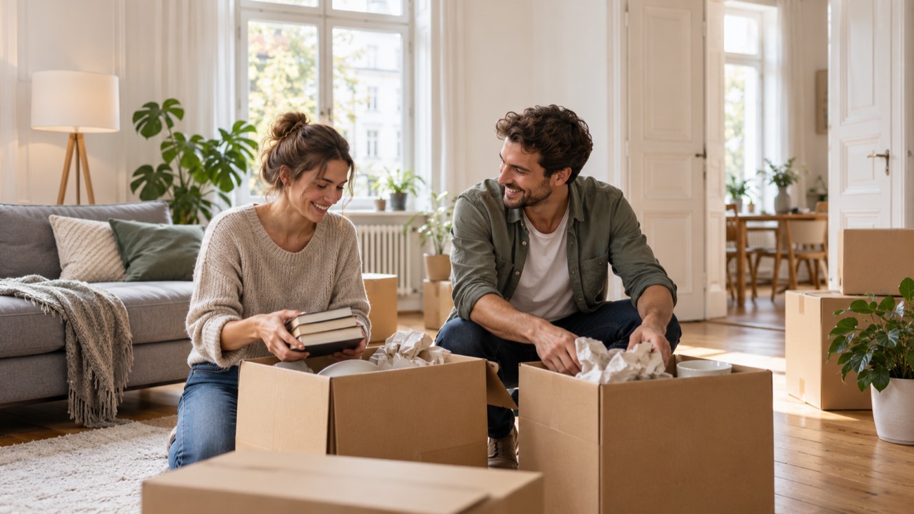Junges Paar packt in einer hellen Altbauwohnung mit Holzdielen Umzugskartons aus