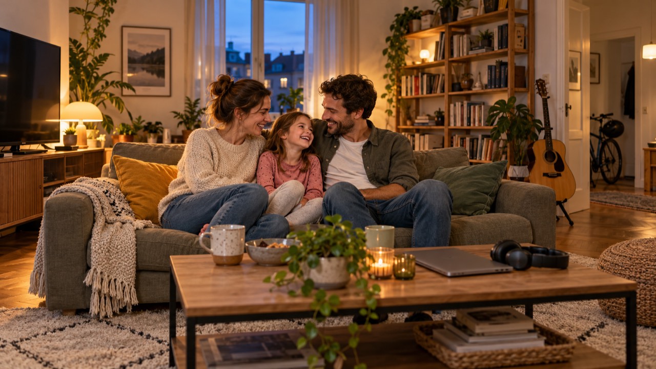 Familie lacht auf dem Sofa im Wohnzimmer, ringsum Fernseher, Laptop, Bücherregal, Gitarre und ein Fahrrad im Flur