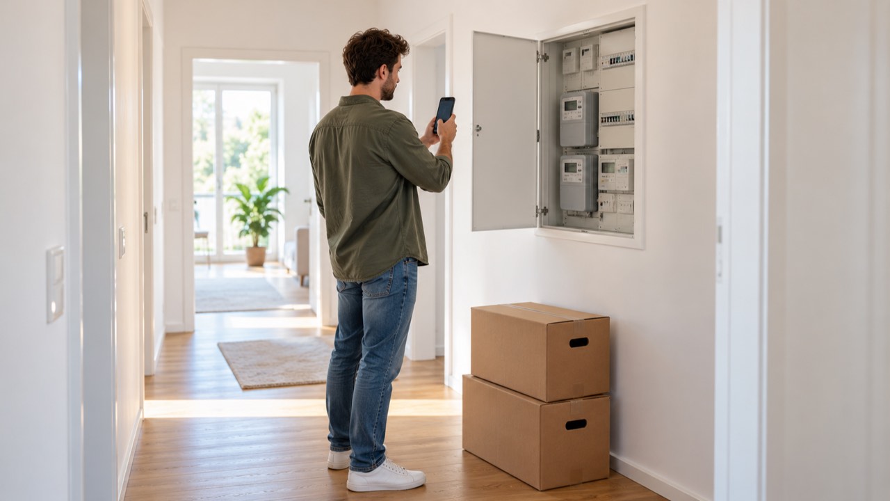 Mann fotografiert im Flur einer neuen Wohnung den Stromzähler im geöffneten Zählerschrank, daneben Umzugskartons