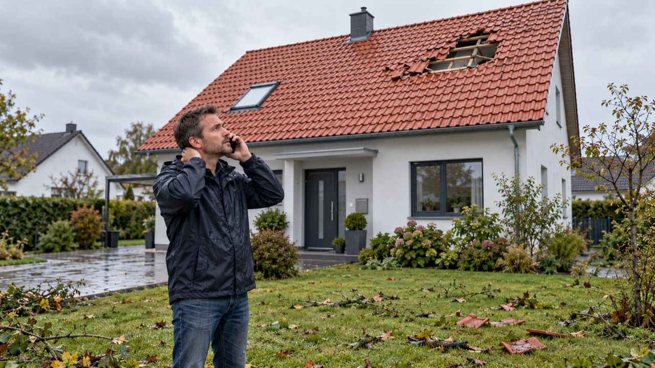 Mann telefoniert besorgt vor einem Einfamilienhaus mit Loch im Dach, Ziegel und Äste liegen auf dem Rasen